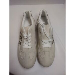 Women's Leopard Print Stripe Low Top Sneakers Beige Suede Linen Mix Size 40